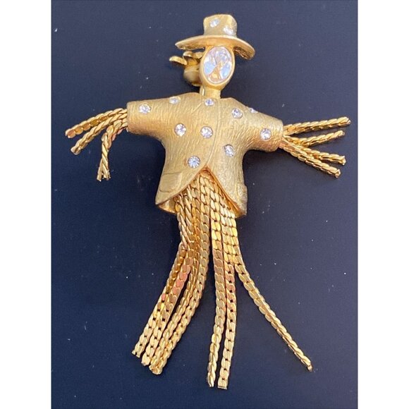 Estate Gold Tone Scarecrow Brooch w/ Rhinestones Bling Grannycore - Picture 4 of 10